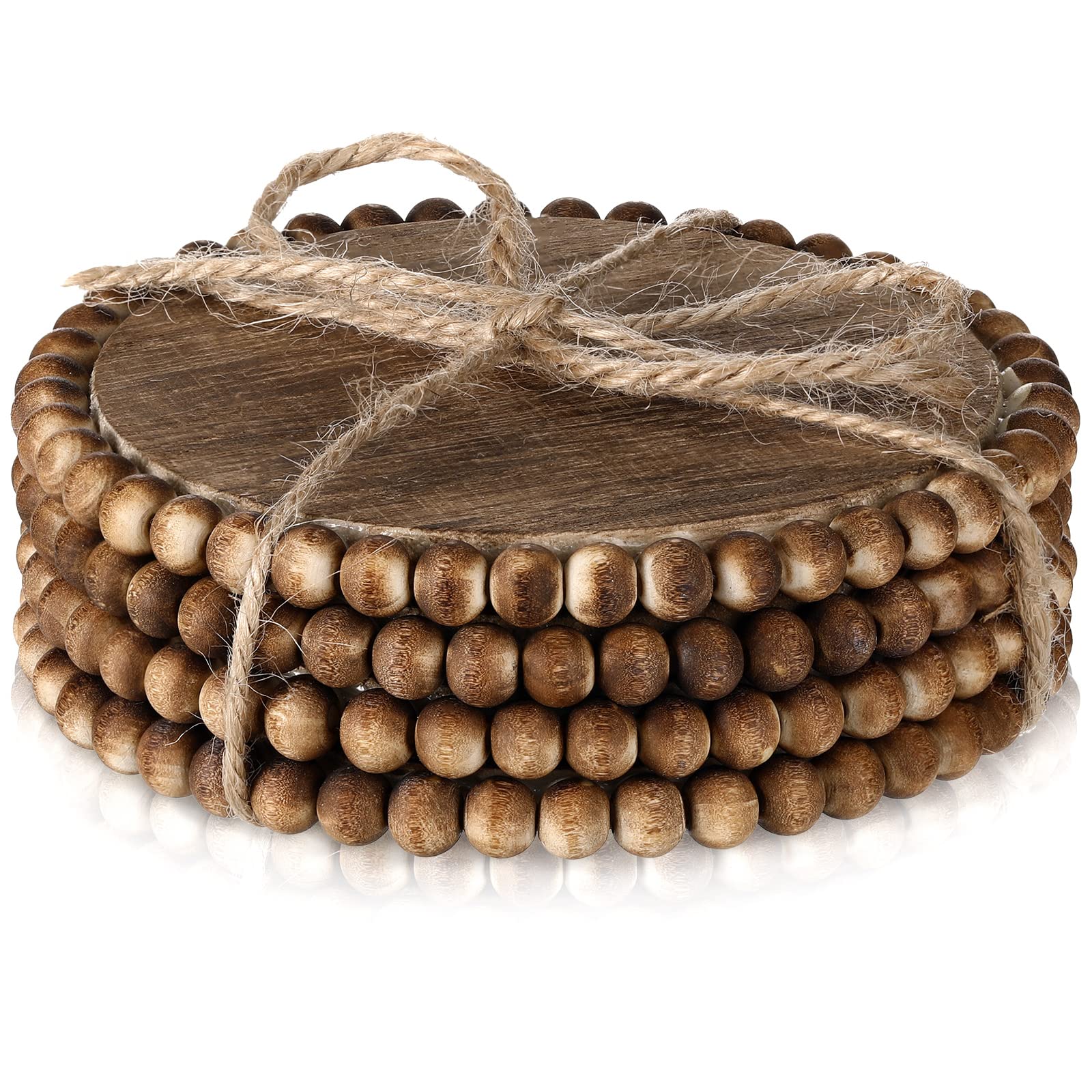 Photo 1 of Honeydak 4 Pieces Wood Beaded Coasters 3.9 Inch Round Rustic Farmhouse Wooden Coasters for Drinks Decorative Table Top Wood Bar for Housewarming Home Kitchen(Dark Brown)