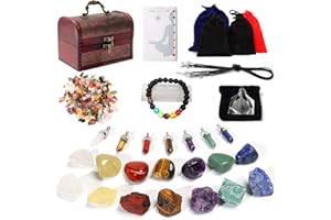 GLIDLION 38Pcs Crystals and Healing Stones Set,7 Chakra Stone, 7 Tumbled Stone, 7jewelry Ropes,7 Stone Necklaces,4 Velet Bag, 100g Crushed Stone,1 Pyramid,1 Chakra Bracelet,1selenite Stick,1Guide，1Wooden Box