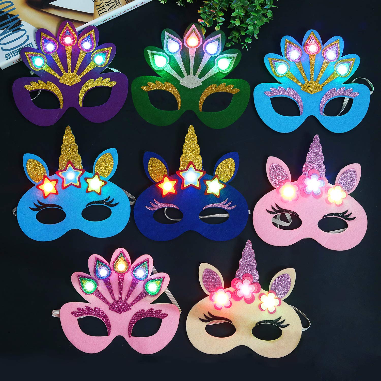 Halloween Party Mask, Fascigirl 8PCS LED Cartoon Eye Mask Unicorn Peacock Eye Mask for Kids Party Favors Costume Halloween Party Supplies for Adults Kids