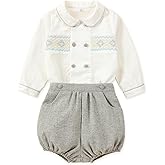 Twoflower Toddler Boy Smocked Outfit，Baby Boys' Fall Clothes Sets，Long Sleeve Button Down Shirts for birthday Christmas