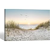 Coastal Wall Art Canvas Picture: Modern Beach Sunset Landscape Print Decor Horizontal Ocean Scene Sea Painting Seascape Seaside Seashore Artwork for Living Room Bedroom Home