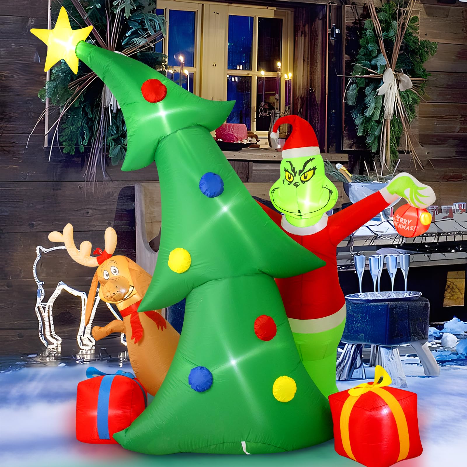 Photo 1 of Hioasis 9FT Christmas Outdoor Inflatable Decoration - Tree with Xmas Green Monster, Dog & Gift Boxes with LED Lights, Merry Christmas Lawn Display Blow up for Front Yard Holiday Decor