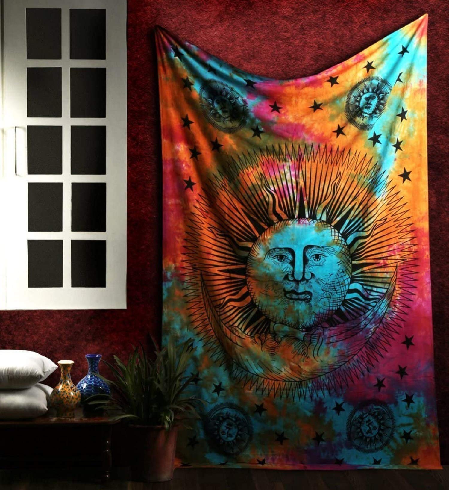 Marubhumi Psychedelic Sun Moon Stars Tie Dye Mandala Queen Tapestry Hippie Hippy Celestial Wall Hanging Indian Trippy Bohemian Tapestries (Multi, 82 X 92 Inch (208 x 233 Cms)