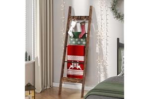 Hzuaneri Blanket Ladder for Living Room, Decorative Quilt Rack with 4 Removable Hooks, 5-Tier Farmhouse Ladder Holder Shelf Organizer for Bedroom, Rustic Brown and Black 02101BBR