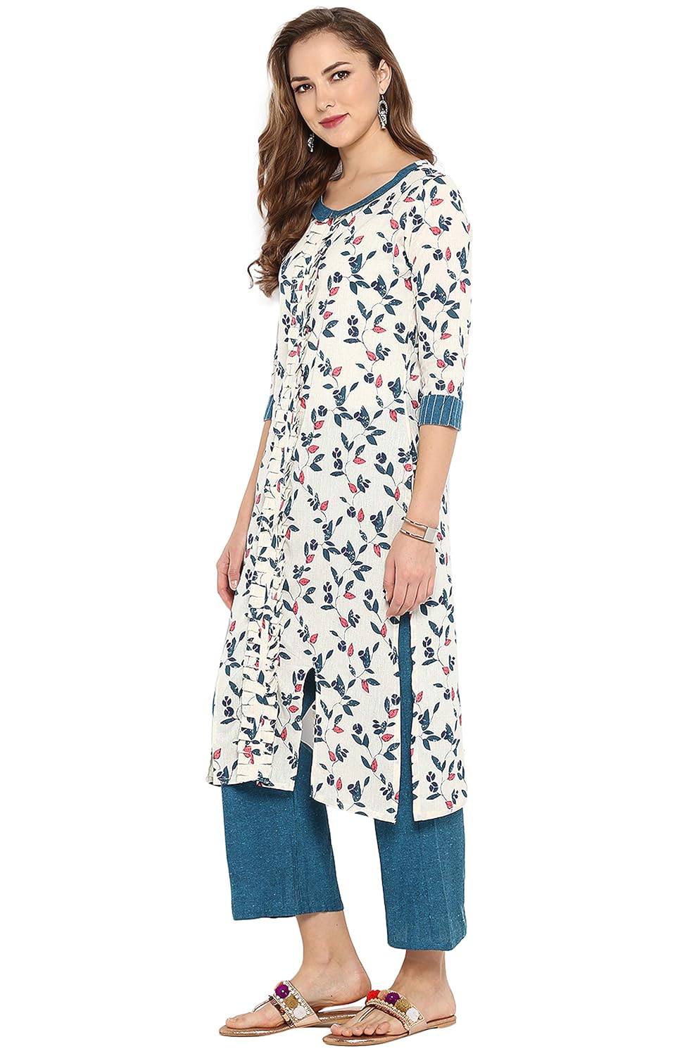 janasya women's cotton floral print straight kurta with straight pant