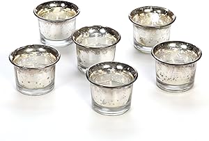 Hosley Set of 6 Metallic/Antique Finish Glass Candle Tealight Holders. Ideal Gift for Wedding Bridal Party Reiki LED Votive Tea Light Gardens O4 (Antique Silver)