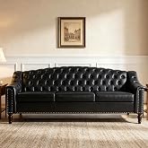 LEVNARY Mid-Century Modern Leather Couch, 80" Large Upholstered Sofa with High Back, Chesterfield Sofa Sleeper Settee with Solid Wood Legs, Tufted 3 Seater Wide Couches for Living Room Office (Black)
