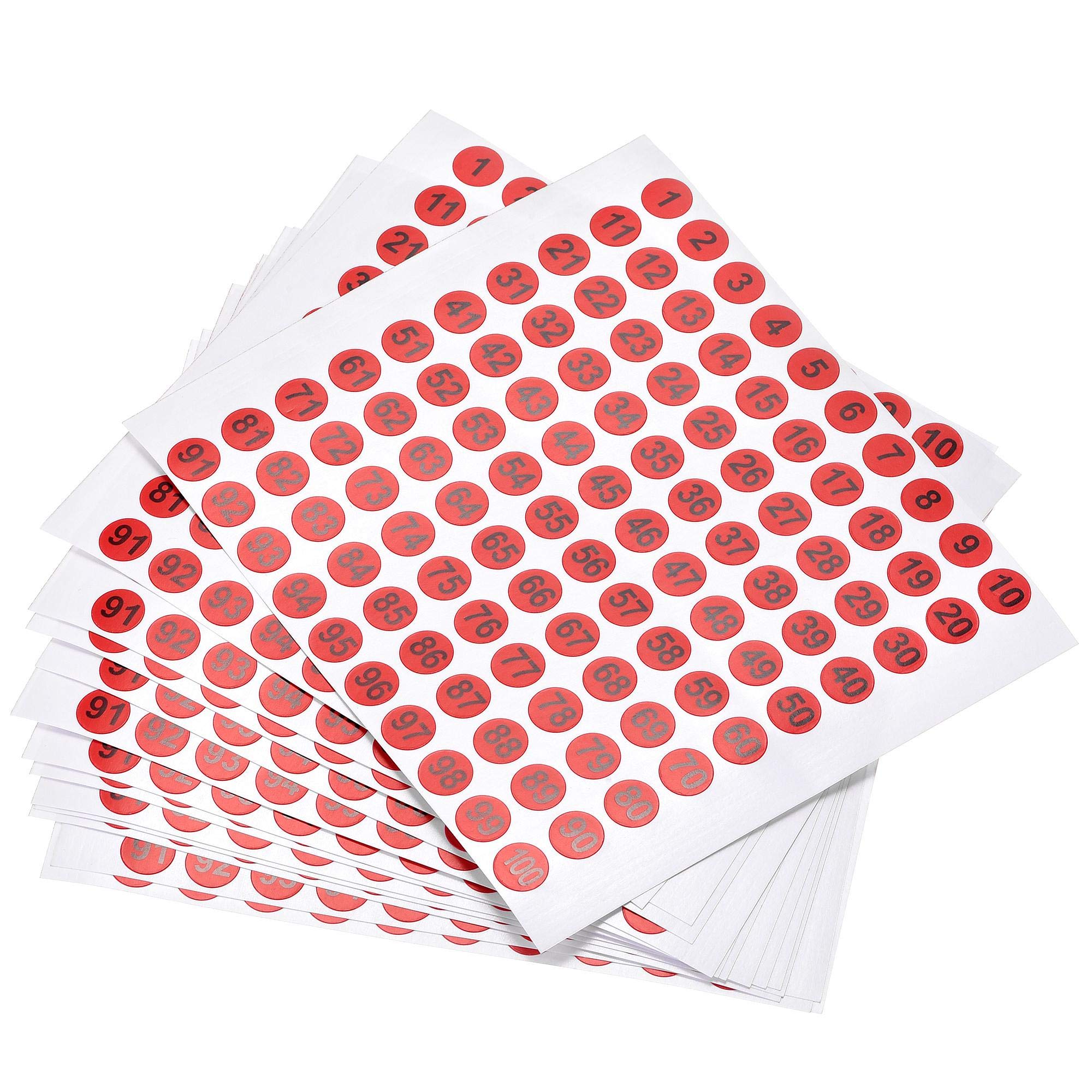 sourcing map Round Number Stickers, 10mm Dia Number 1-100 Coated Paper Label 15 Sheets, Black Word/Red Background
