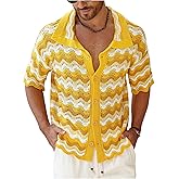 BEAUDRM Men's Striped Crochet Shirts Button Down Shirt Short Sleeve Collared Casual Knit Tops Summer Beach Shirt