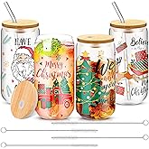 Ziliny 4 Pcs Christmas Glass Cups with Lids Straws Brushes, Ice Coffee Glasses 16 oz Christmas Mason Jars Gifts for Teacher Nurse Friends Women Kids Men Coffee Cups Tea Bubble Tea Juice