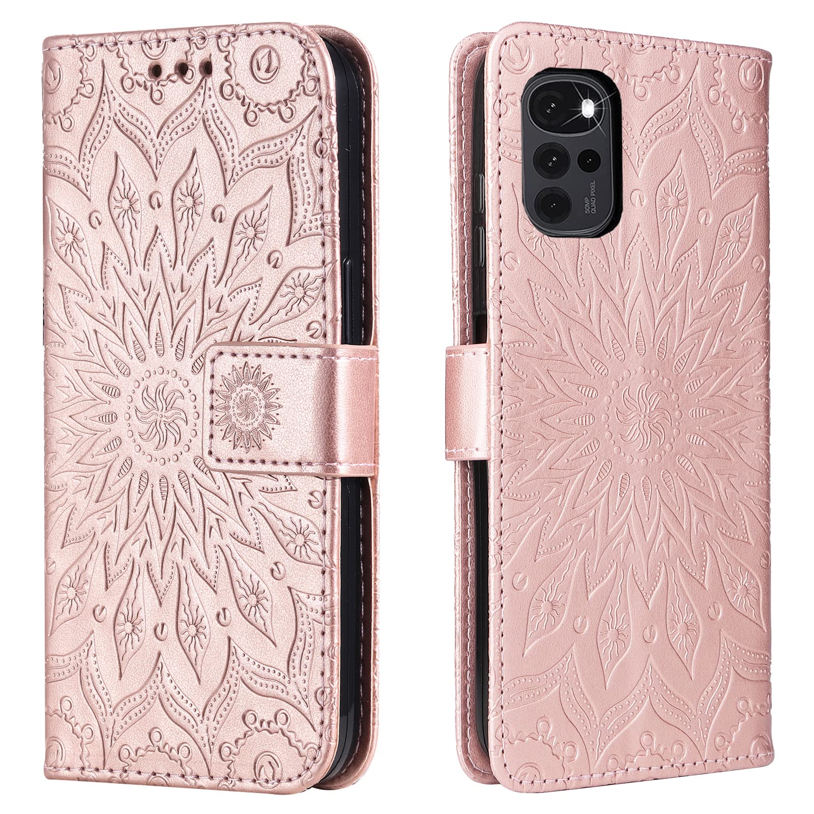 Motorola Moto G22 Case, Shockproof PU Leather Sunflower Embossed Wallet Flip Cover Soft TPU Bumper Protective Phone Case for Motorola Moto G22 with Magnetic Closure Card Holder Stand, Rose Gold
