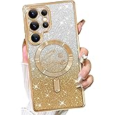 Fiyart Designed for Samsung Galaxy S25 Ultra Case,Compatible with MagSafe Love Heart Plating Camera Protection Clear Glitter Magnetic for Women Girls Shockproof Phone Cover Bumper 6.9"-Gold
