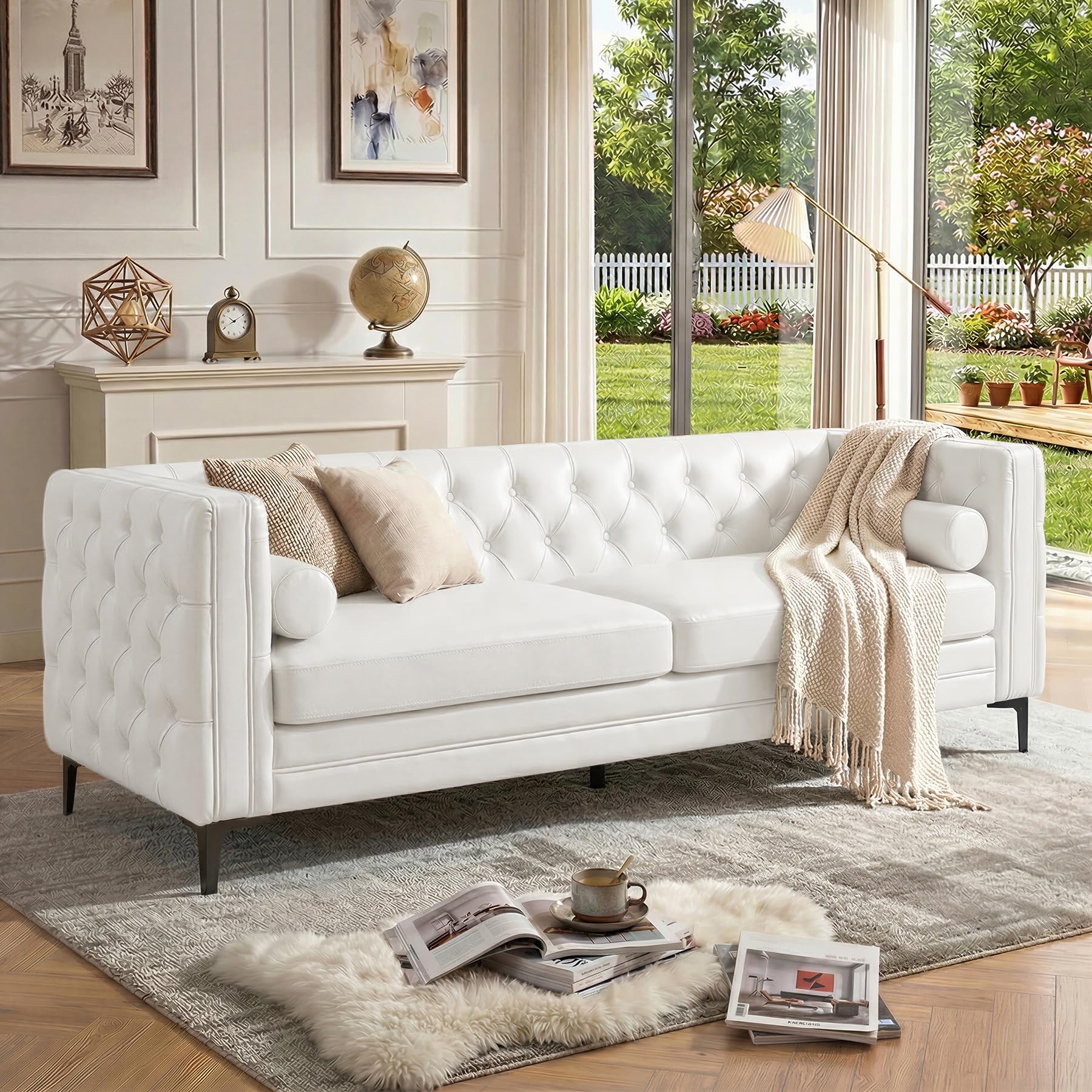 Luxanimarion Faux Leather Couches for Living Room, Mid-Century Modern Couch with Button Tufting, Metal Legs and 2 Bolster Pillows, Comfortable Deep 3 Seater Couch for Apartment, Office, White 1 PCS