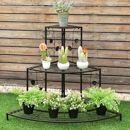 ANTIQUE DECOR 3 Tier Plant Stand Floral Corner Shelf Metal Flower Pot Rack Stair-Step Style Display Ladder for Garden Balcony Indoor Outdoor 81cm x 70cm (LxH) (Black)