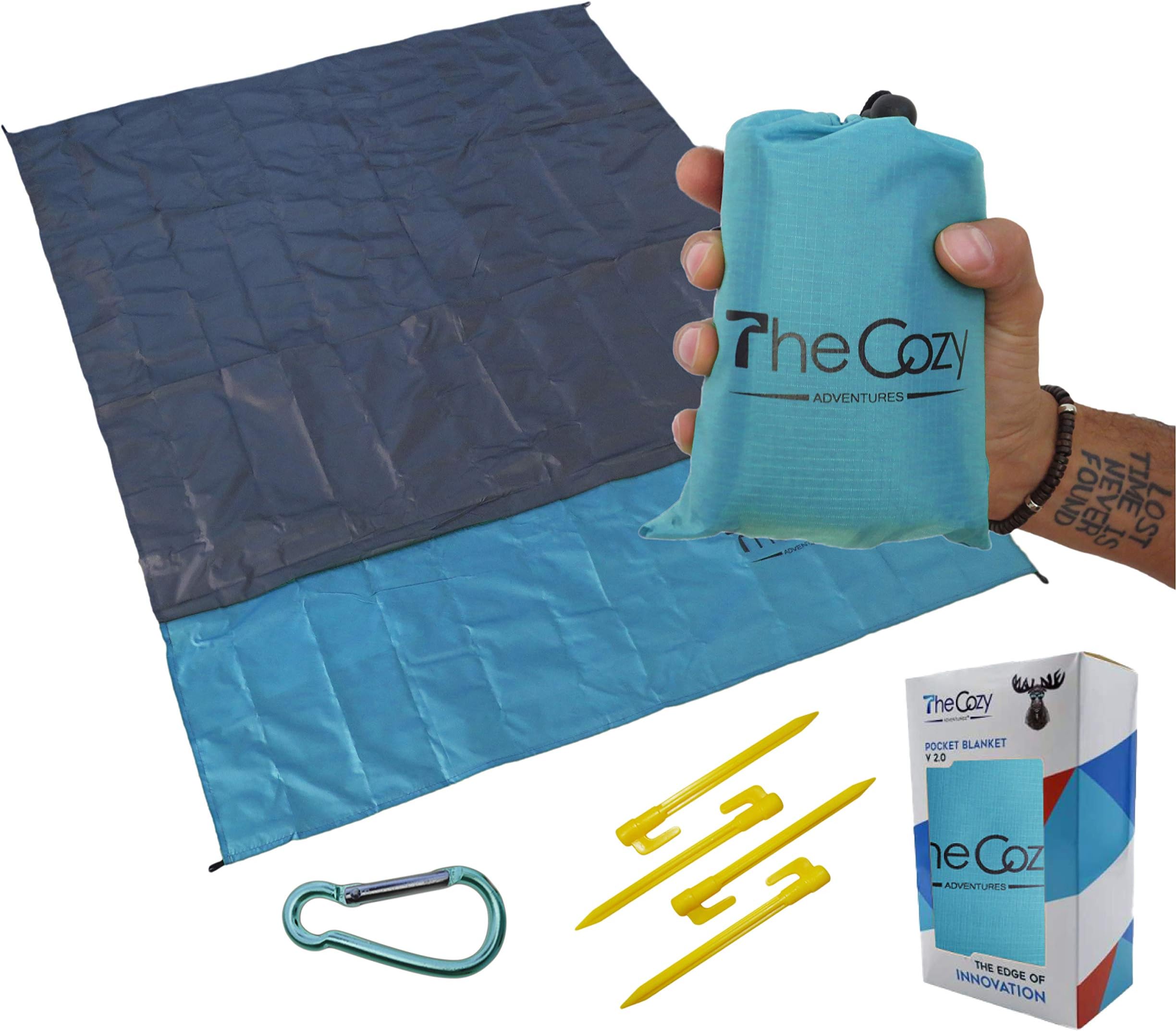 Waterproof Pocket Blanket, 70x55 in. – Sand & Dirt-Proof with Stakes, Carabiner, Case – Compact Travel Beach Mat for Picnics, Camping, Concerts – Durable, Soft, & Fast-Drying