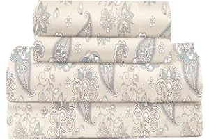 FEATHER & STITCH NEW YORK Feather & Stitch Softest 100% Cotton Sheets, 4 Pc Set, 300 Thread Count Percale Weave Bedding, 16" Deep Pocket, Cooling Sheets, Breathable Bed Set (Queen, Beige Paisley)