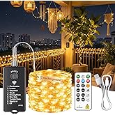 ZSJWL Rechargeable Fairy Lights，33ft 100 LED, Remote &amp; DIY Timer | Light Sensor, Waterproof, Dimmable, Outdoor Battery Operated String Lights for Trees, Christmas and Indoor Decor, Warm White