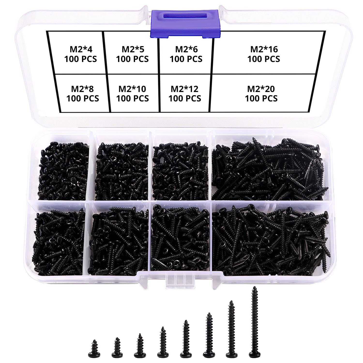 VooGenzek 800 PCS M2 Cross Head Self-Tapping Screws Small Carbon Steel Pan Head Micro Screws for Plastic Wood Soft Metal