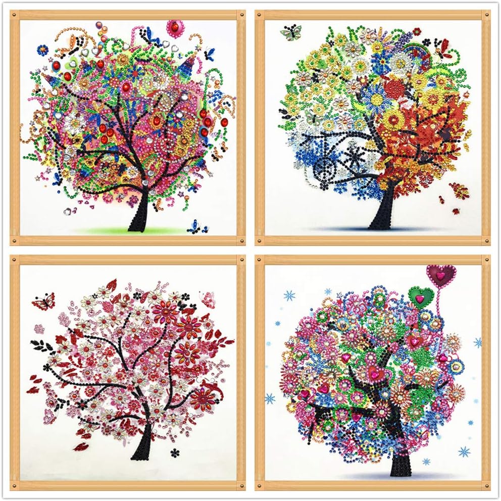 5D Diamond Painting, Four Seasons Tree 4 Piece Set Combination DIY Diamond Painting Adult or Children Making Special Shape Diamond Embroidery Home Wall Decoration Art