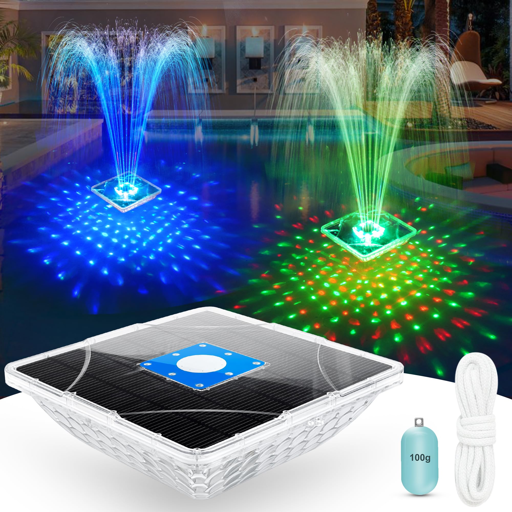 Photo 1 of Solar Fountain with Light Show,Large Solar Pool Fountain with Anchor,Square Floating Pool Fountains for Inground Above Ground Pool,Solar Powered Water Fountains Pump for Pool,Light Blue-1PC