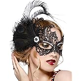 Zinniday Feather Masquerade Mask for Women - Halloween Lace Eyemask with Removable Peacock Feathers, Venetian Party Masks