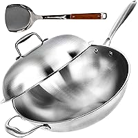 Wok Pan with Lid - 13" Wide, 2mm Thick Stir Fry Frying Pan Stainless Steel – Non Stick, Scratch Resistant, Oven Safe…