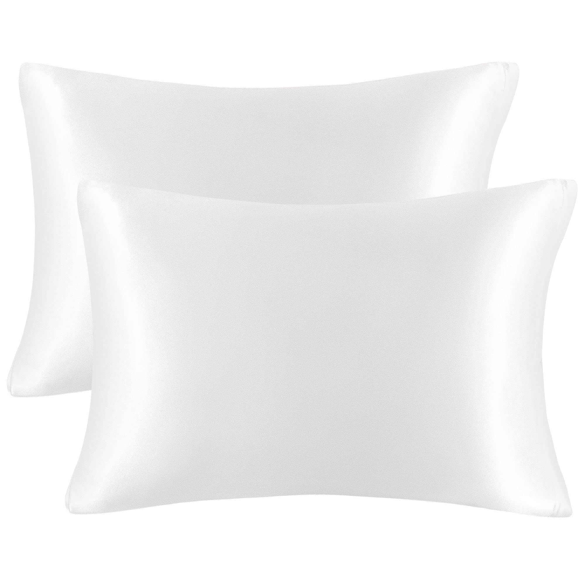 PiccoCasa Satin Pillow Cases 2 Pack, Satin Silk Pillowcase for Hair and Skin with Zipper Closure Soft Pillow Cases Cover Set White 50 x 90cm