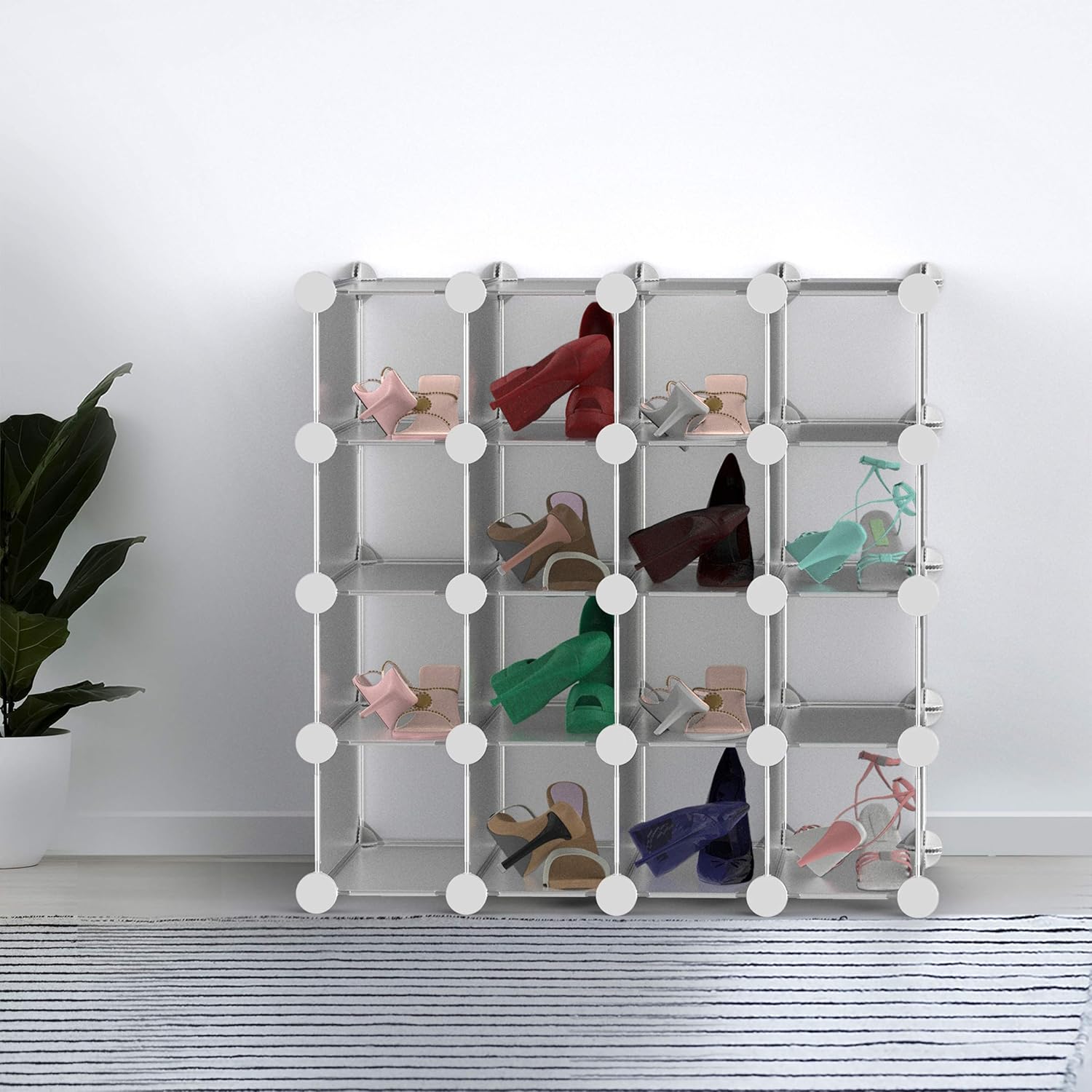 Lavish Home 16 Piece Interlocking Cubby – Customizable and Stackable Modular Plastic Shoe Organizer Shelf and Closet Storage Bin System