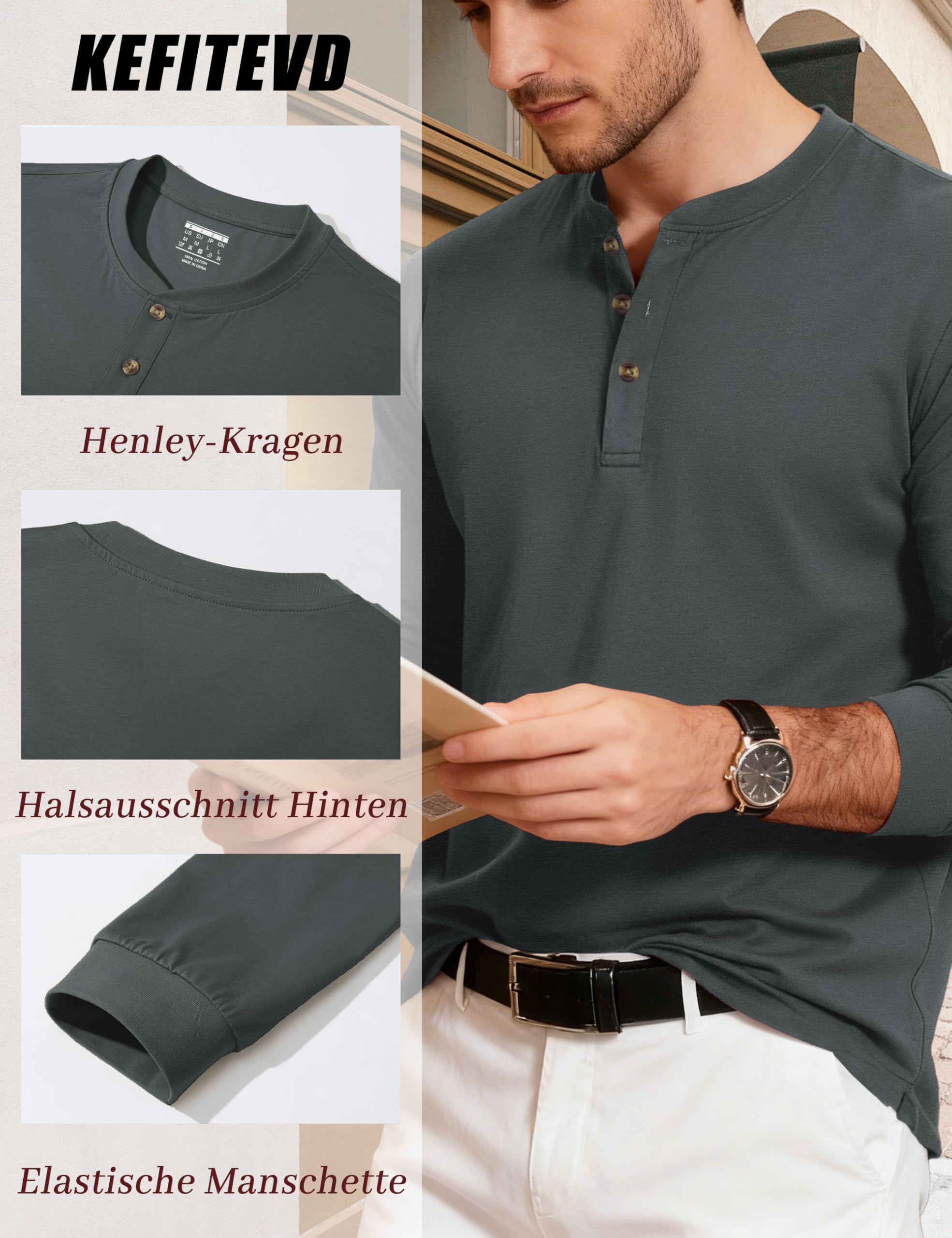 KEFITEVD Henley Herren Langarmhemd 3 Knopf Baumwolle lässig Frühling Übergang T-Shirt Dunkelgrau XL 5