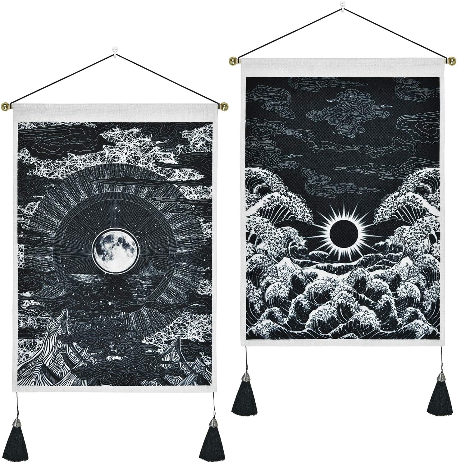 Tapestries - Pack of 2 Tapestry Moon and Star Tapestry Ocean Wave Tapestry Black and White Tapestries Mountain Tapestry Sunset Great Wave Tapestry Wall Hanging for Room (13.8 x 19.7 inches)