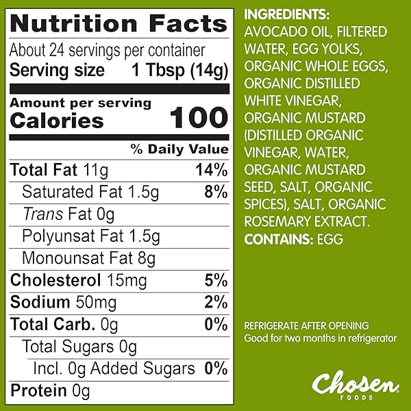 CHOSEN FOODS 100% AVOCADO OIL-BASED CLASSIC MAYONNAISE, GLUTEN & DAIRY FREE, LOW-CARB, KETO DIET FRIENDLY, MAYO FOR SANDWICHES, DRESSINGS AND SAUCES, MADE WITH CAGE FREE EGGS (12 FL OZ)