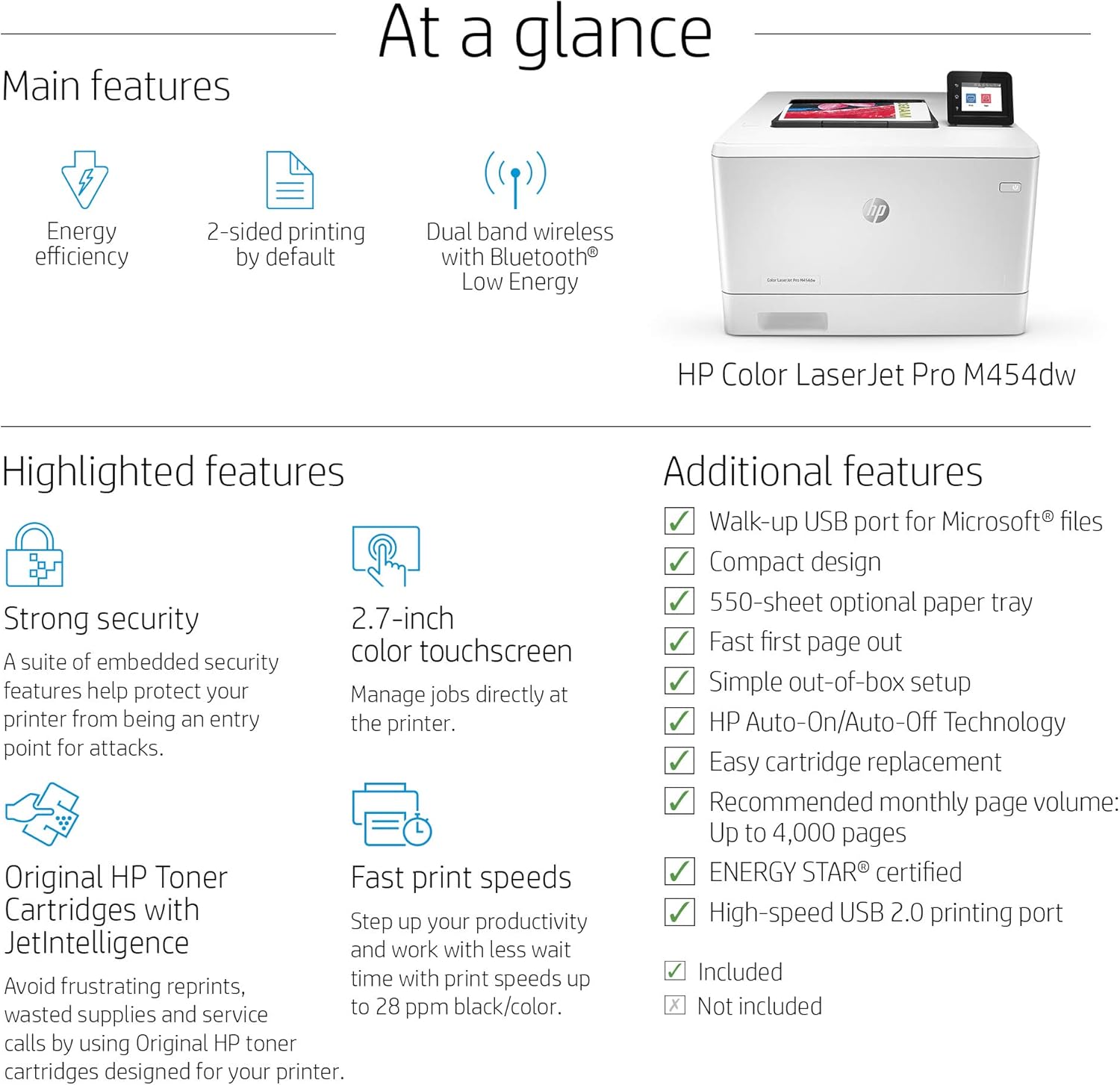 HP Color LaserJet Pro M454dw Wireless Laser Printer, Double-Sided & Mobile Printing, Security Features, Works with Alexa (W1Y45A): Electronics