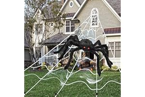VLUSSO Halloween Decorations Outdoor 16 FT Giant Halloween Spider Web + 50" Large Spider, Triangular Huge Spider Web and Stretch Cobwebs Outdoor Halloween Decorations Yard Lawn Party Decor Props for Haunted