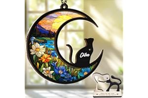 VINATIMES 6'' DIY Cat on Moon Memorial Suncatcher, Personalized Name Cat Sympathy Ornament Window Hanging, Ideas Gift for Loss of Pet Passing Away, Remembrance Keepsake for Pet Lovers SCC-B11-6-03