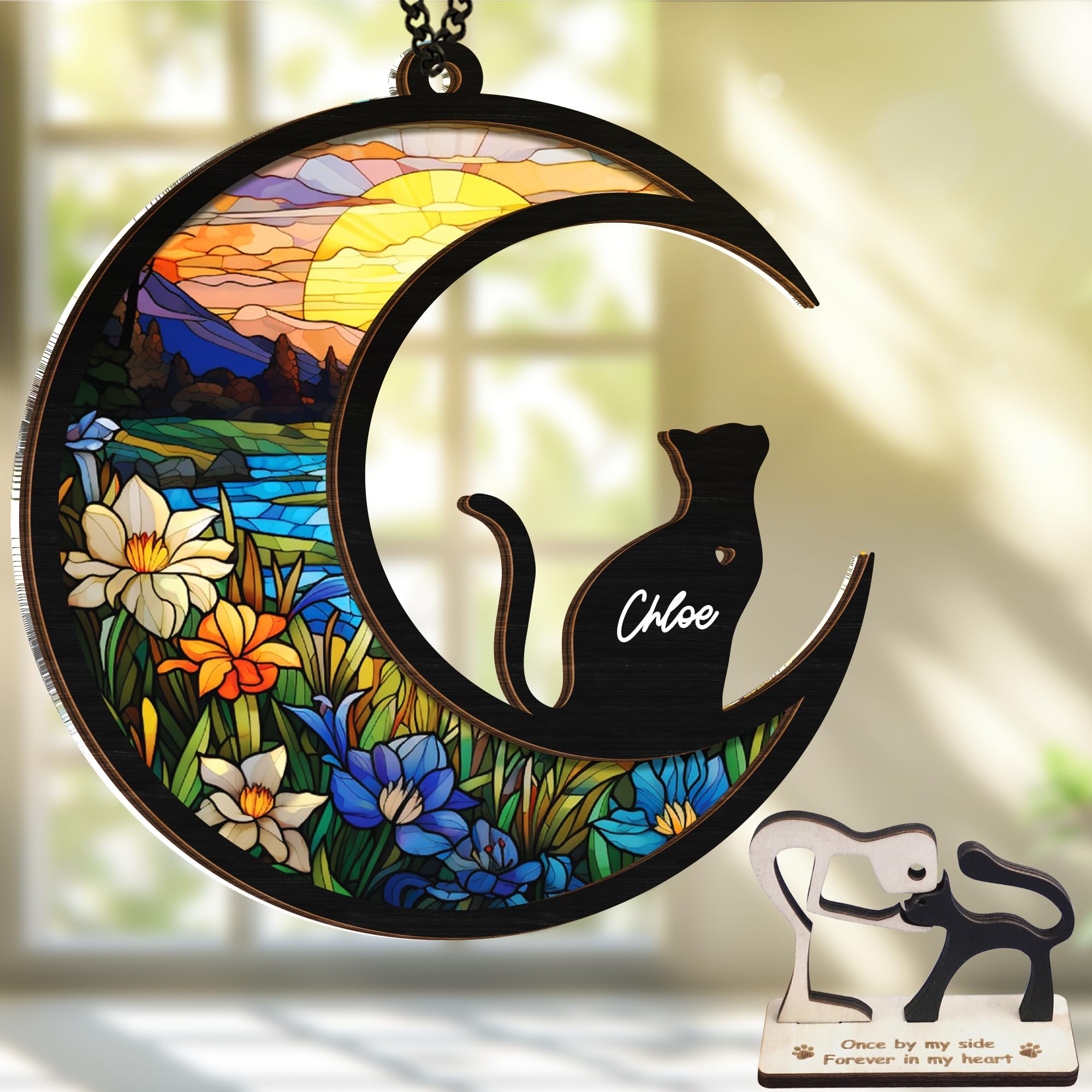 Photo 1 of 6'' DIY Cat on Moon Memorial Suncatcher, Personalized Name Cat Sympathy Ornament Window Hanging, Ideas Gift for Loss of Pet Passing Away, Remembrance Keepsake for Pet Lovers SCC-B11-6-03