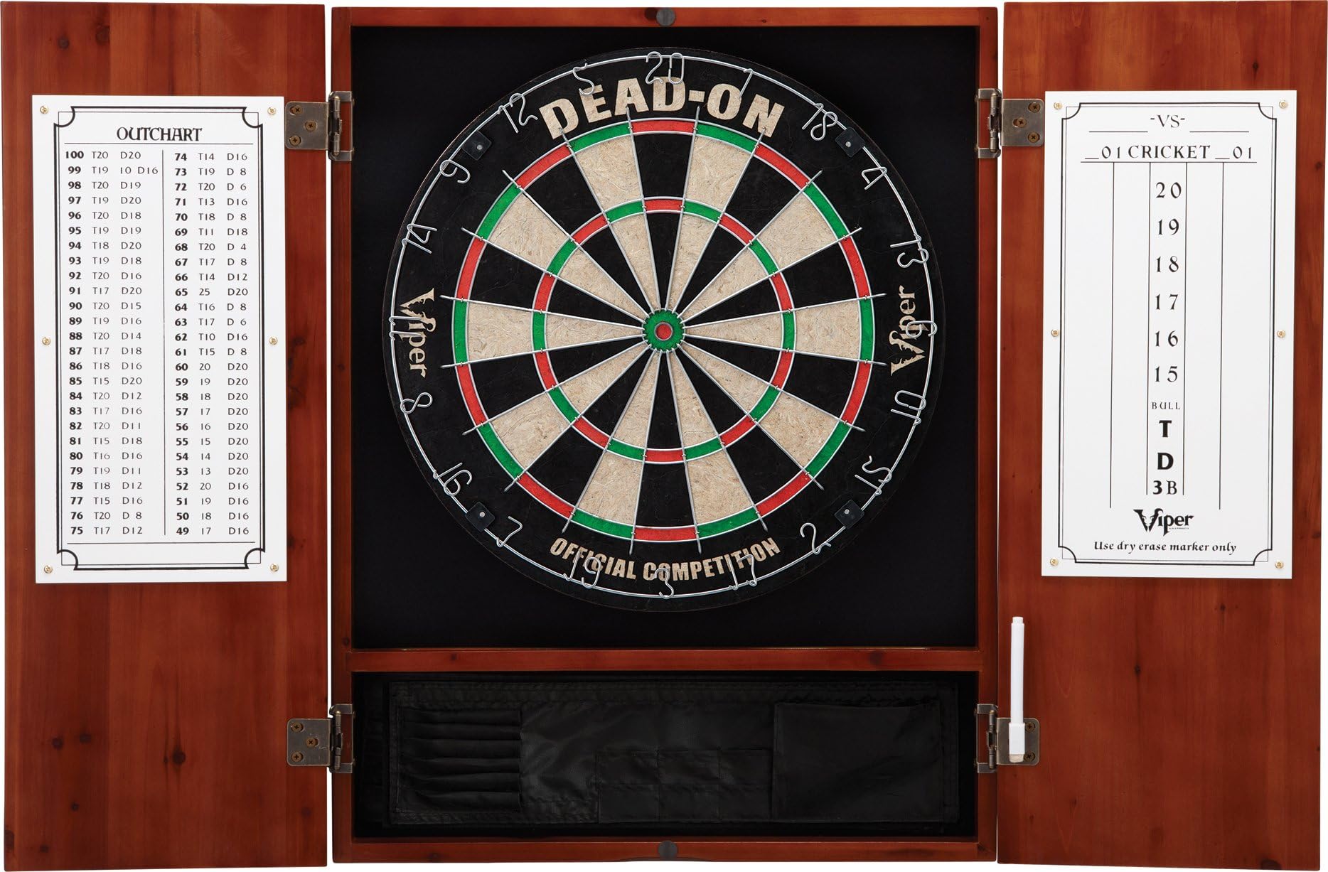 Viper Metropolitan Solid Wood Cabinet & Sisal/Bristle Dartboard Ready-to-Play Bundle with Steel-Tip Darts, Integrated Storage, Dry Erase Scoreboard & Out-Chart in Multiple Stain Options