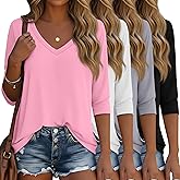 Ficerd 4 Pack Women's 3/4 Sleeve T Shirts, V Neck Casual Tunic Tops Loose Fit Cotton Basic Shirts Solid Color Fashion Tees