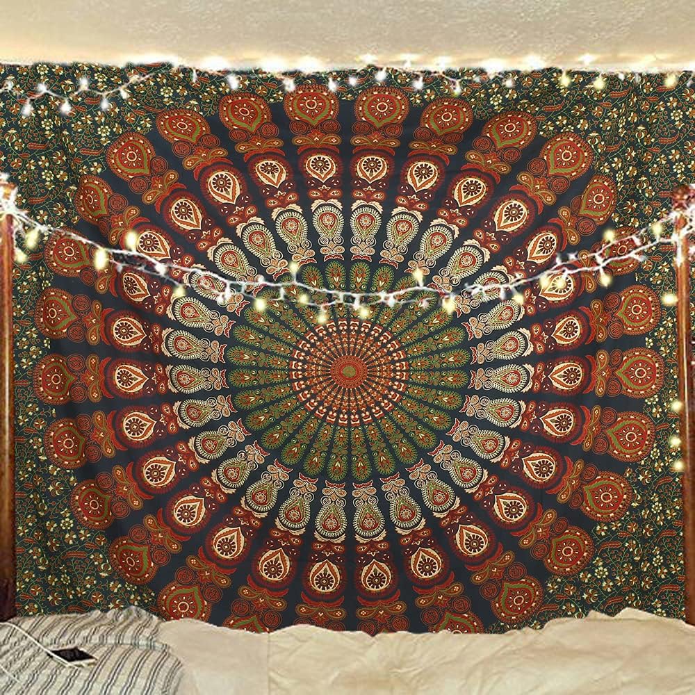 Tapestries - Bless International Handmade Indian hippie Bohemian Psychedelic Peacock Mandala Wall hanging College Dorm Beach Throws Table Cloth Bedding Tapestry (Golden Green, Queen(84x90Inches)(215x230Cms))