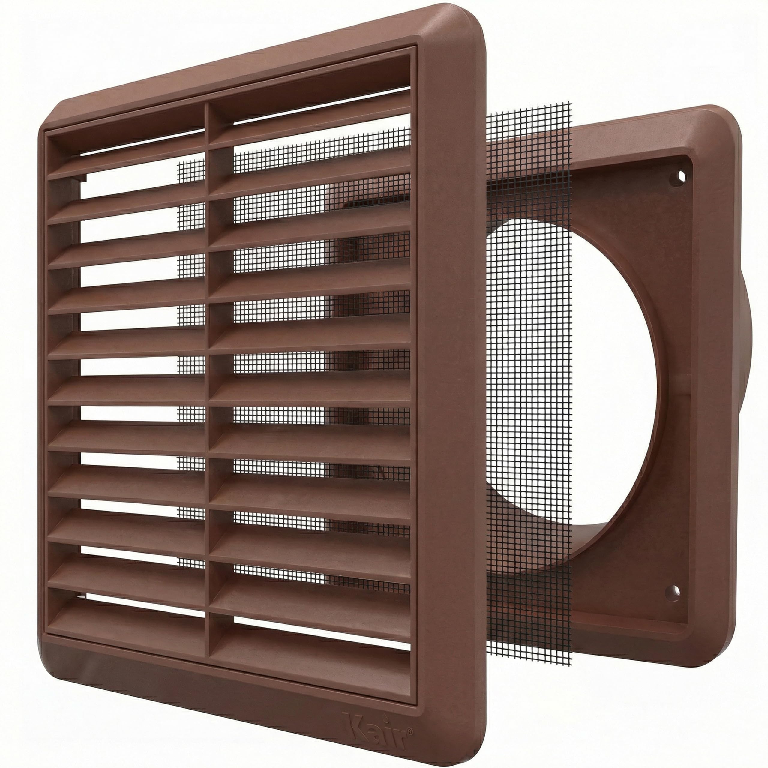 Kair Brown 100mm Louvred Wall Vent Grille with Flyscreen - 99.5mm / 4 Inch Round Rear Spigot & 155mm Front Cover