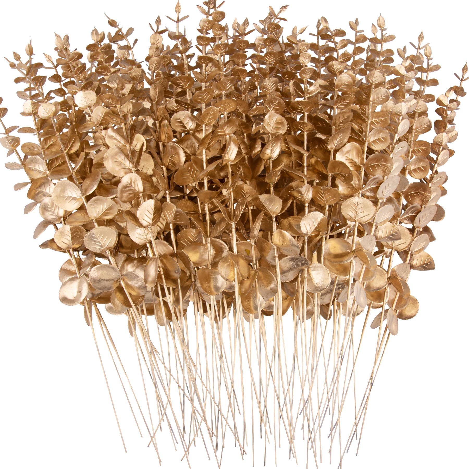 FEQO 72 Pcs Eucalyptus Stems Artificial Eucalyptus Leaves 15 Inch Faux Eucalyptuses Branches for Wedding Bouquet Home Decor, Gold