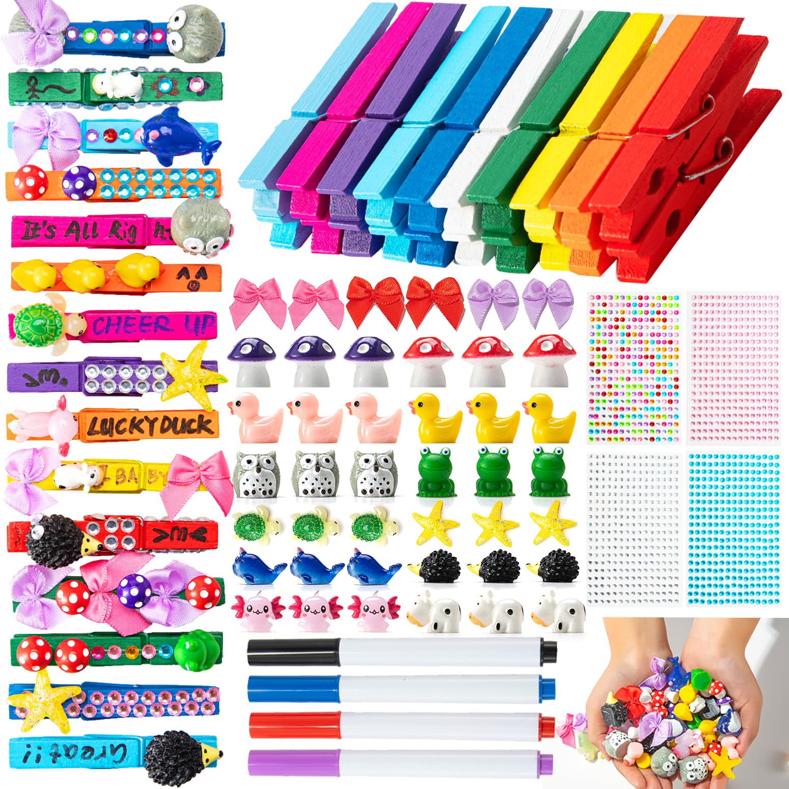 LIENATSER 80 Set Cheer Pins Spirit Clips Include 140 Wooden Colored Clothes Pins Mini Resin Animals and 300 Self Adhesive Stickers Pen for Cheerleading Backpacks Cheer Gifts Bulk (Colorful)