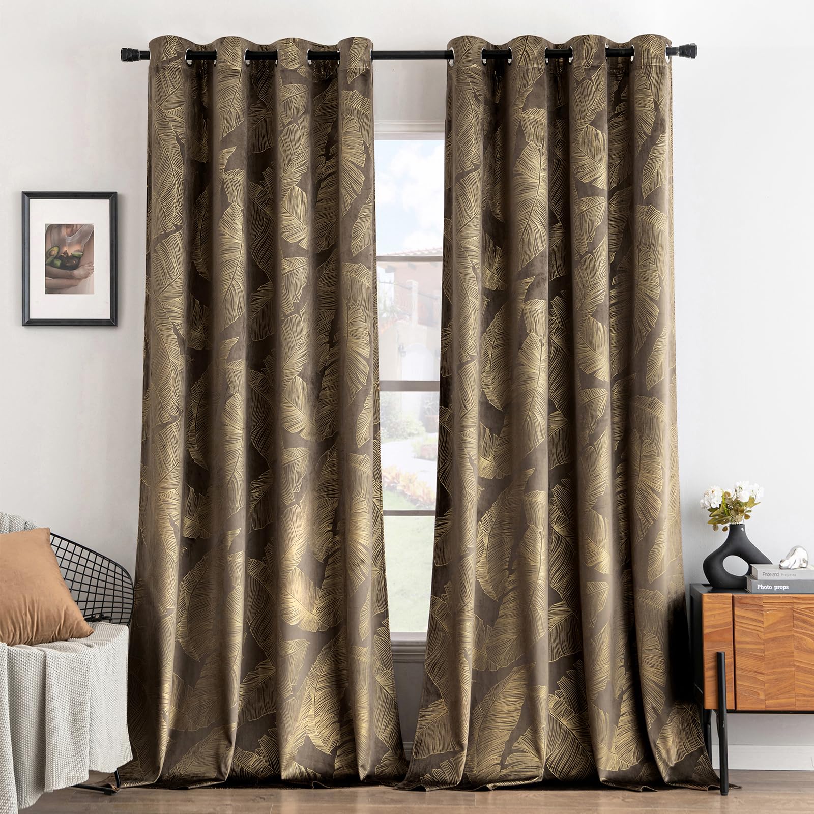 MIULEE Velvet Curtains with Gold Foil Leaves Pattern, 2 Brown Velvet Curtains with Eyelets, Each 55 x 96 Inch, Room Darkening Drapes for Classical Living Room Bedroom — image 1