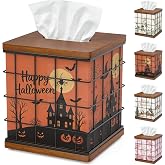 Tissue Box Cover Square Oak Wood & Metal, 4 Seasonal Panels Magnetic Bottom | Decorative Cube Tissue Holder for Bathroom Vanity, Nightstand & Office; Interchangeable Designs, Non-slip Base, Brown & Black