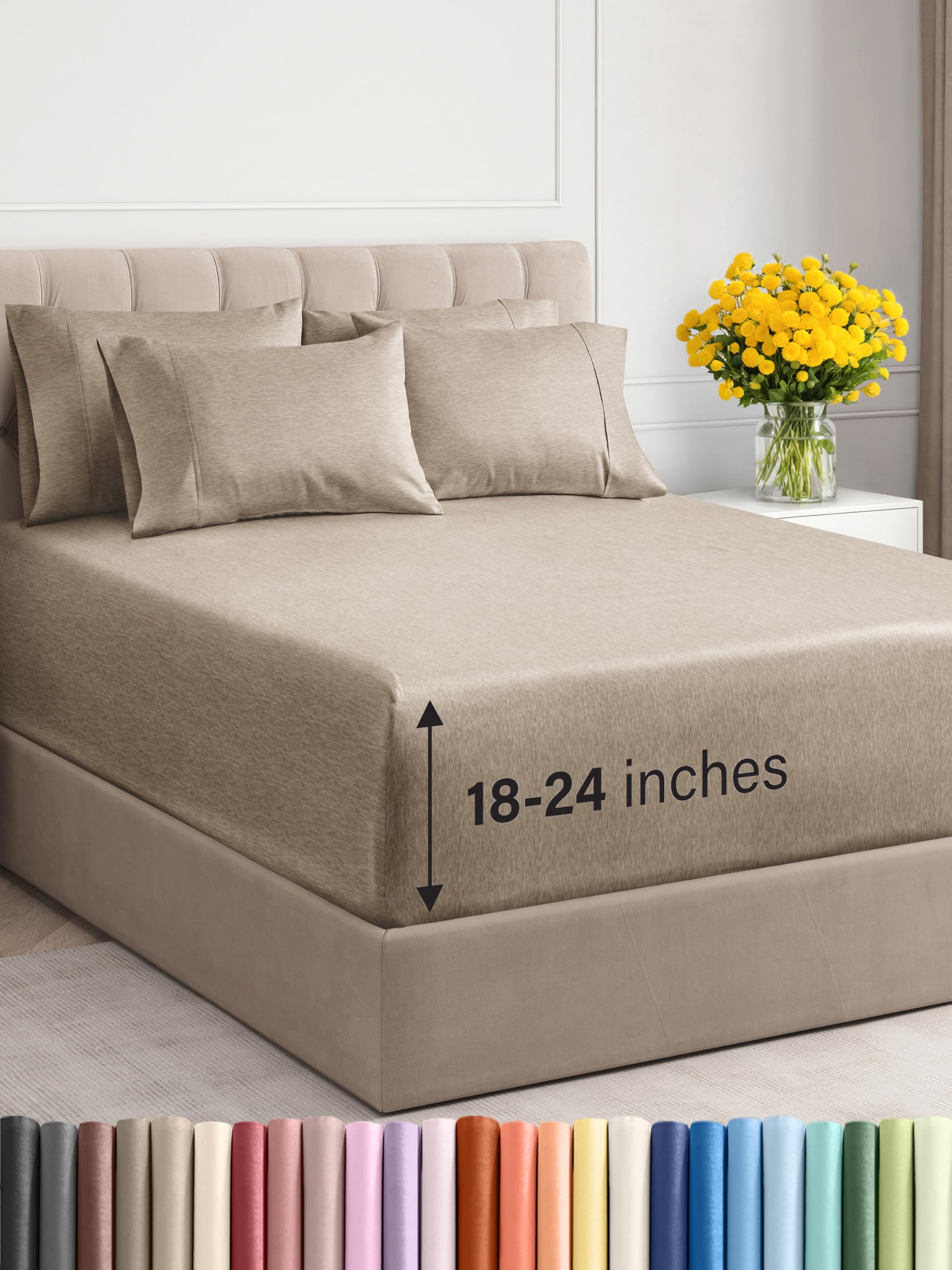 Photo 1 of Extra Deep Cal King Sheet Set - 6 Piece Breathable & Cooling Sheets - Hotel Luxury Bedding Set w/18-24 Inch Extra Deep Pockets - Easy Fit, Soft, Wrinkle Free & Comfy - Heathered Beige, Cal King Size