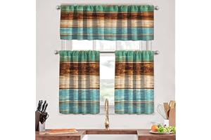 MCALK Teal and Brown Kitchen Curtains Tiers and Valances Set 3 Piece for Windows Farmhouse Kitchen Window Curtains Set,Wooden Texture Valances for Living Room(36" Tiers)