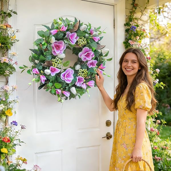 SPRING WREATHS FOR FRONT DOOR OUTSIDE– 24 INCH SPRING DOOR WREATH WITH PINK MAGNOLIA AND ANEMONE FLORAL WREATH WITH GREENERY,COLORFUL WELCOME SUMMER WREATHS FOR FRONT DOOR (GREEN)