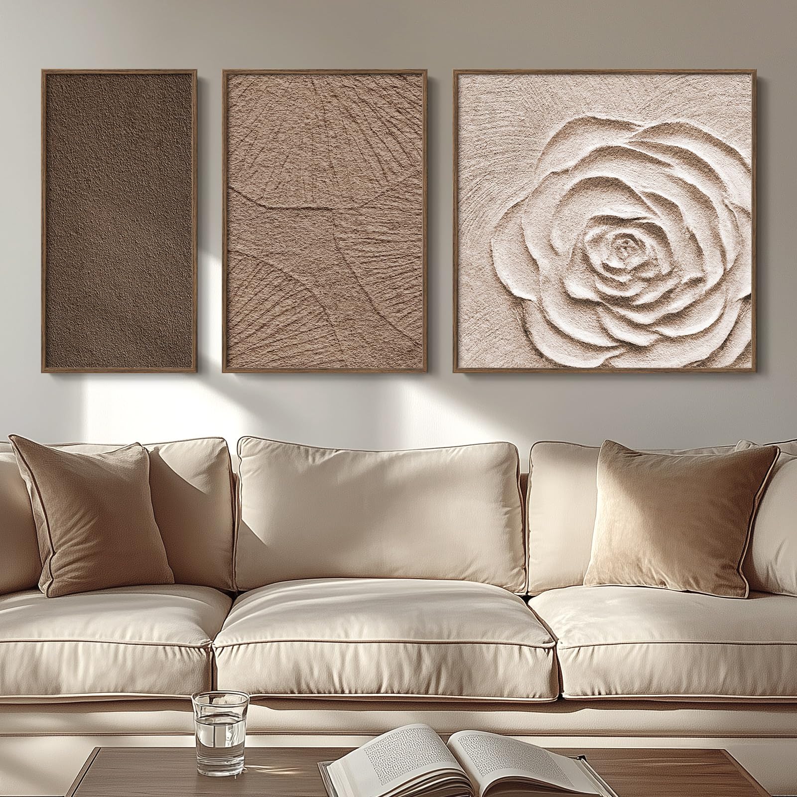 Photo 1 of Large Framed Neutral Abstract Wall Art 3 Piece, 2D Brown Beige Flower Canvas Wall Art for Living Room, Wabi Sabi Art Minimalist Painting Prints Aesthetic Artwork for Bedroom Hallway Office Decor