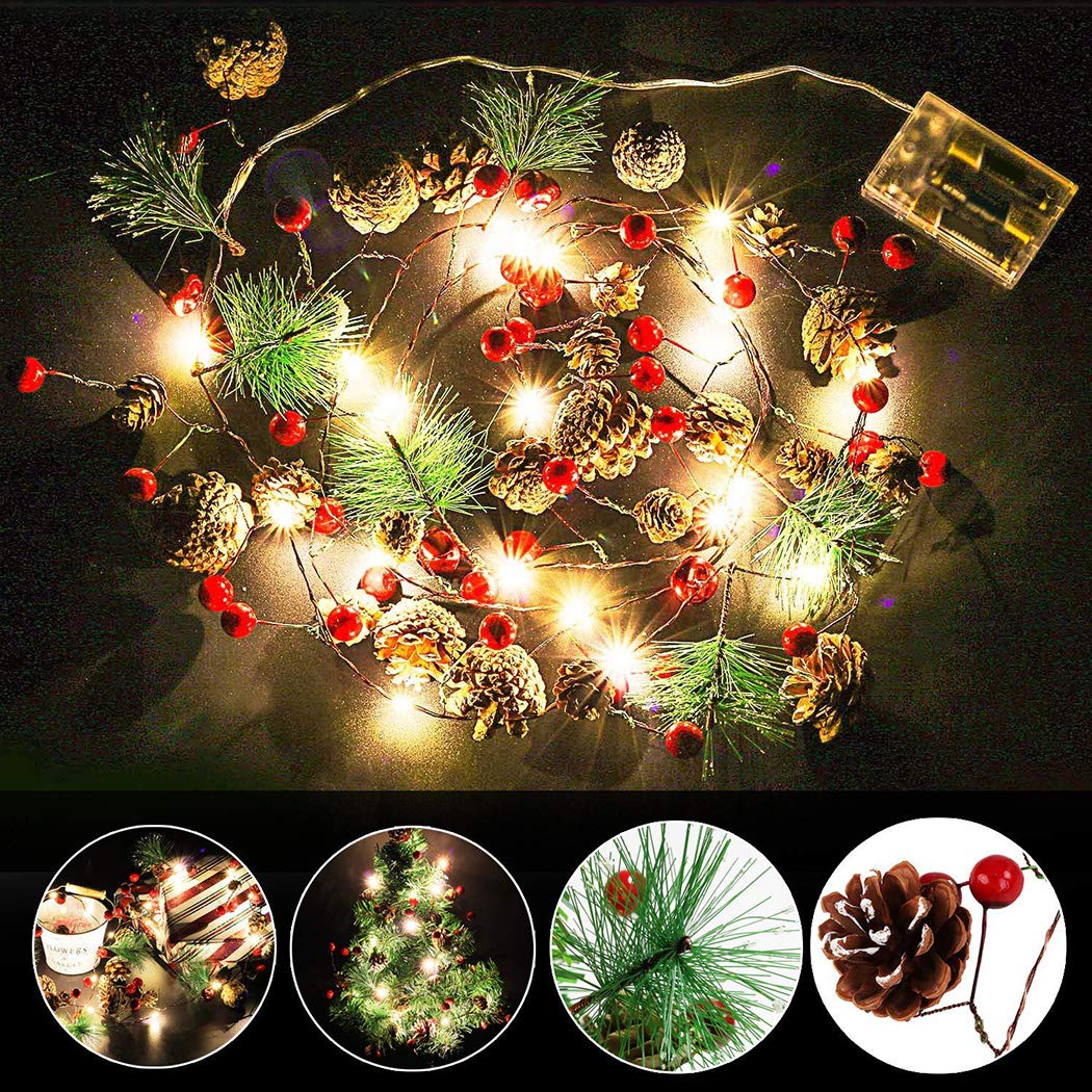 biuday Guirlande lumineuse de Noël, lumière de fée décorative de 20 LEDs arbre de Noël LED Pinecone pour la décoration de la maison de fête, batterie non incluse