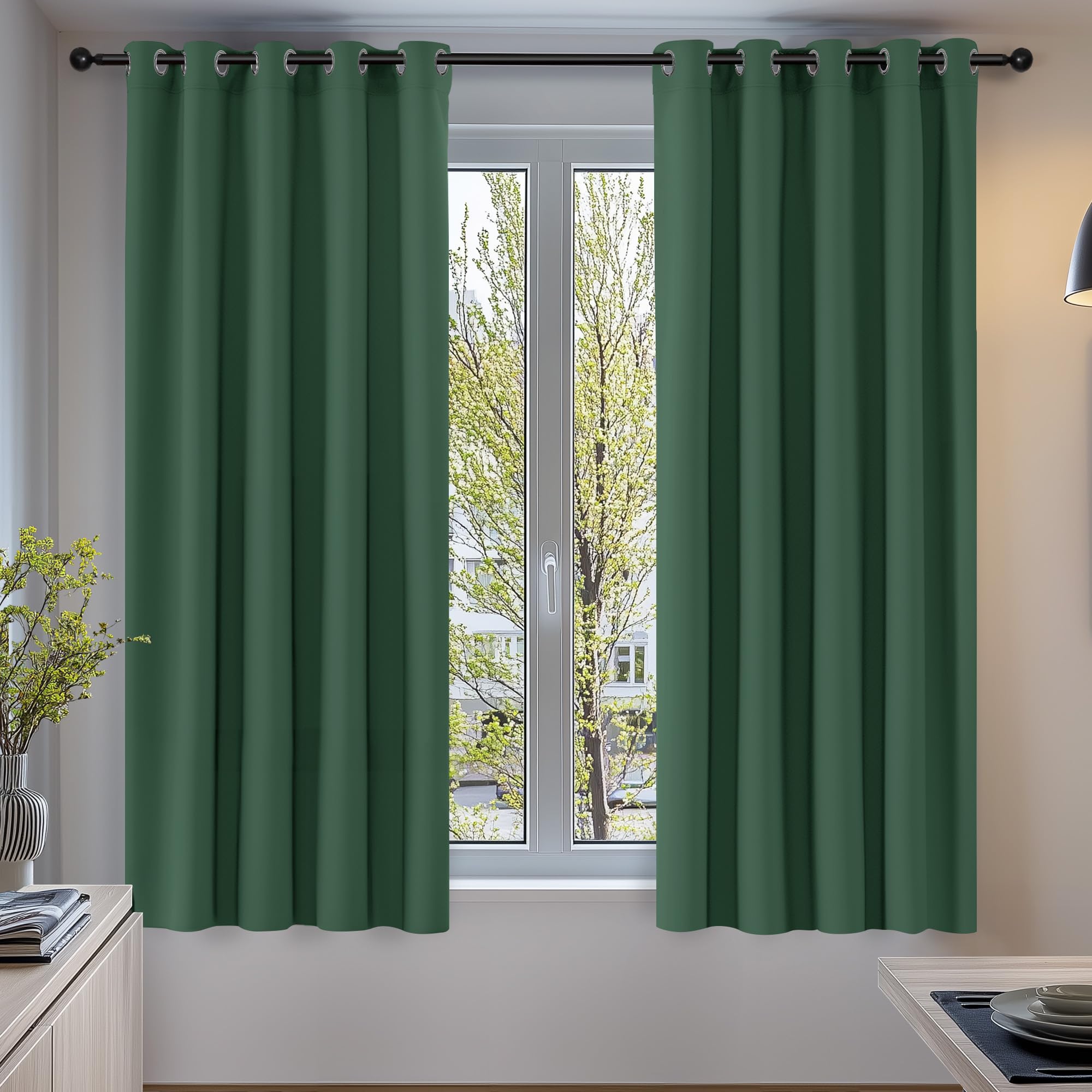 Deconovo Green Curtains Thermal Insulated Eyelet Blackout Curtains for Bedroom 66 x 54 Inch Forest Green Two Panels