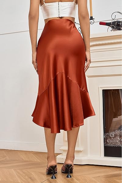 ALCEA ROSEA WOMENS SATIN HIGH WAISTED SILK A-LINE WEDDING ELEGANT ELASTIC MIDI SKIRT(CARAMEL,XL)